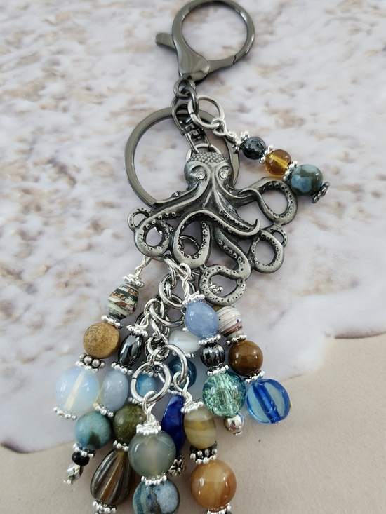 Handmade Accessories - Octopus Purse Charm or Keychain Jasper Agate Aquamarine Handcrafted